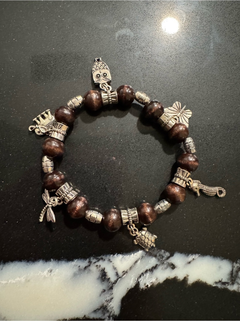 Dark Brown Wood Bead Charm Bracelet with Silver Accents